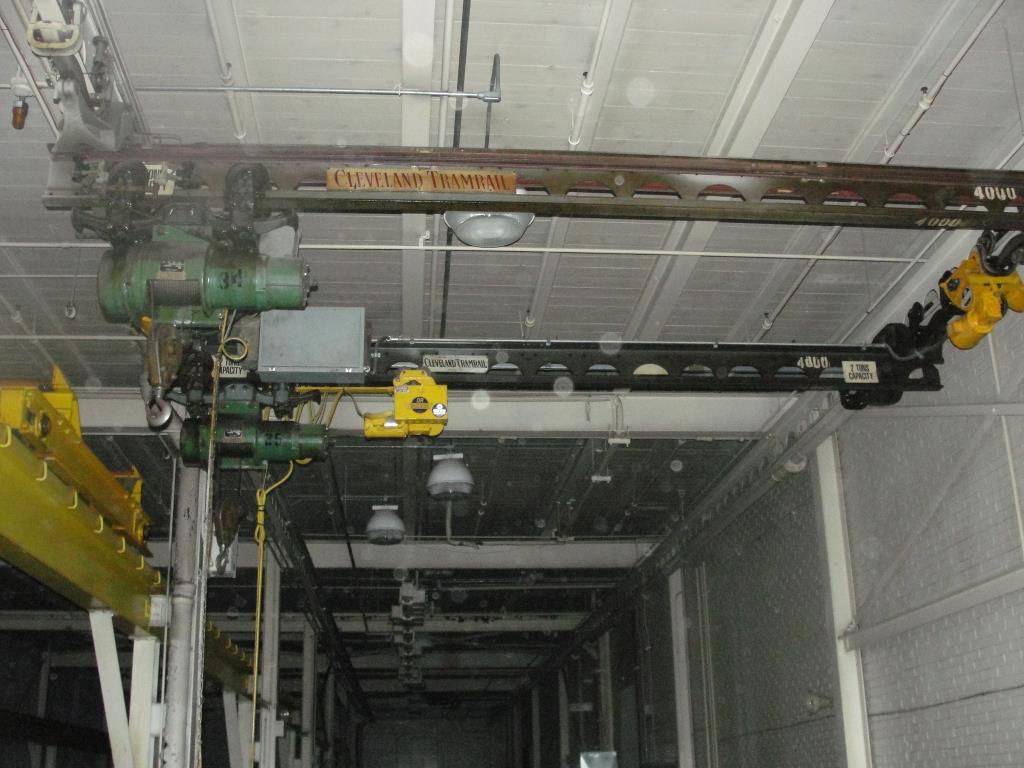 Material Handling Equipment Cleveland Tramrail 2 ton capacity bridge crane 20 span, two hoists on 2 bridges